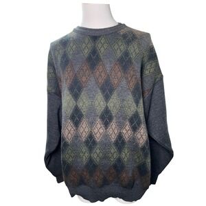 Grandpacore Preppy Argyle‎ Wool Blend Sweater Gray Green Brown Vintage Men L